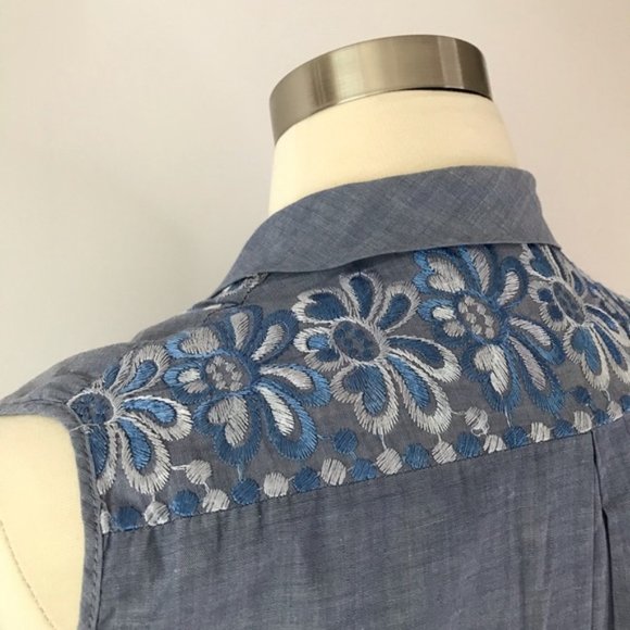 Vintage 1950s Embroidered Shirt Dress Chambray L - Picture 6 of 9